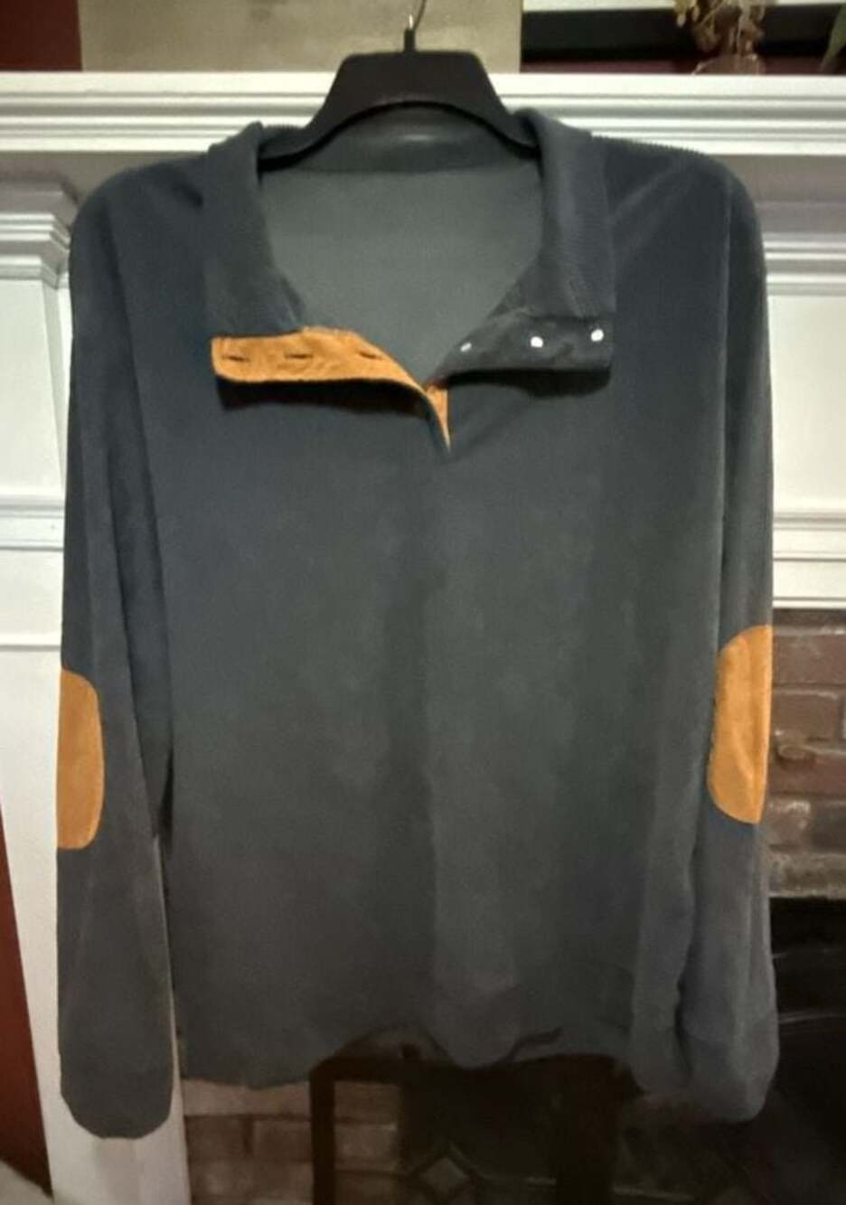 Men's Corduroy Pullover Long Sleeve Shirt with Collar and Elbow Patches